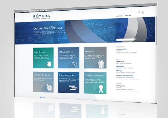I used HTML, CSS to design and build this community of practice intranet site interface used as a template within SharePoint. I used Illustrator to create the SVG icons. Sotera has since been sold to a large competitor. 